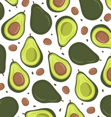 Kusursuz avokado deseni, avokado dilimleri, beyaz arka planda yapraklar. Vejetaryen yemek ikonları. Parmak izi, doku, sağlıklı beslenme. Paket kağıdı veya kumaş.