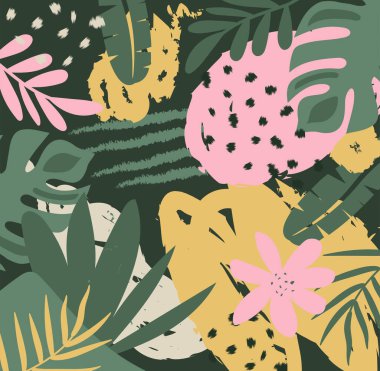 Tropikal bitkilerle soyut yaratıcı desen. Modern kolaj çiçek deseni. Paket kağıdı ya da kumaş. Menü, broşür, pankart, web sitesi için doku. Vektör illüstrasyonu.