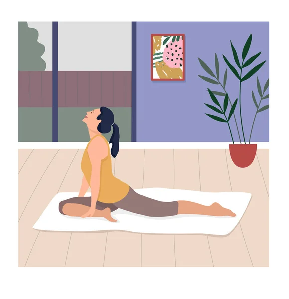 Girl doing stretching. Sport at home. Covid-19 quarantine-stay home concept. Home activities. Vector illustration. The girl on the background of the window does exercises.