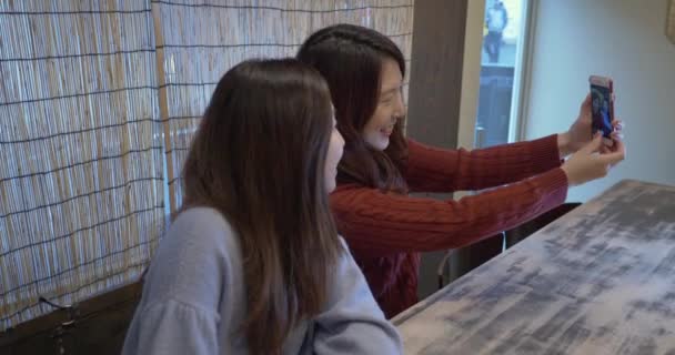 Girls Laughing Selfie Cafe — Stock Video