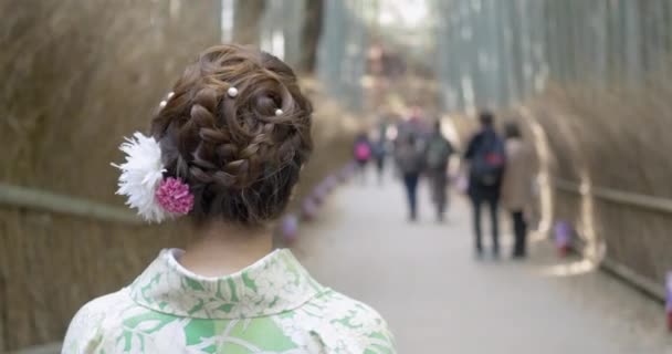 Japanse Vrouw Kimono Wandelen Door Bamboebos — Stockvideo