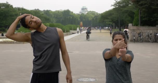 Amigos Estirándose Juntos Parque Del Castillo Osaka — Vídeo de stock