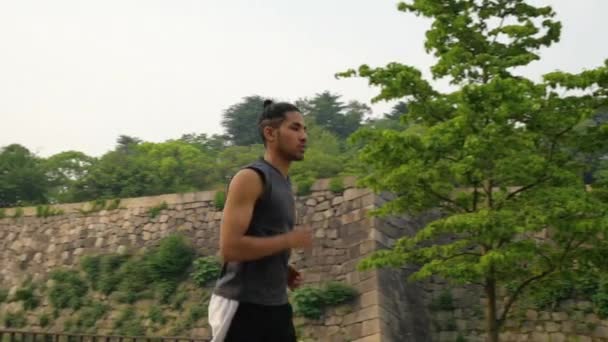 Genç Adam Osaka Kalesi Ağır Çekimde Çalışır — Stok video