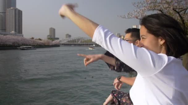 Internationale Vrienden Genieten Van Rivier Tijdens Sakura Picknick — Stockvideo