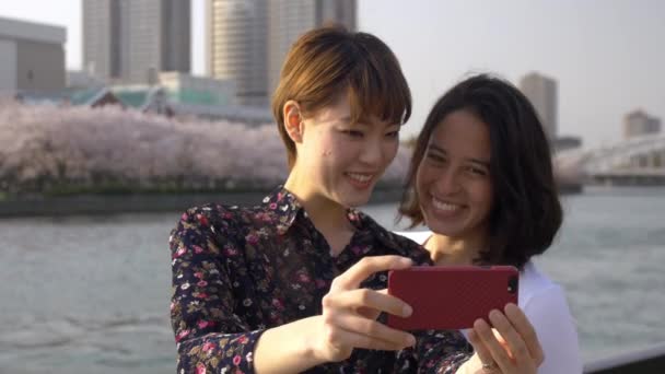 Maravillosas Mujeres Tomando Selfies Junto Hermoso Río Japón — Vídeo de stock