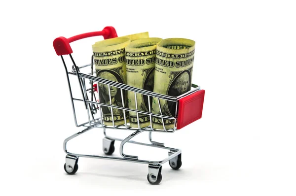 Kağıt para dolar nakit banknot arabası alışveriş sepeti Isola içinde