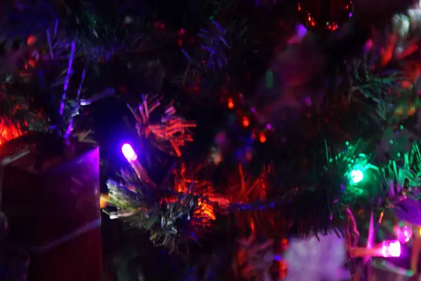 Lichte Bloemenslingers Kerstboom Buiten Nachts — Stockfoto