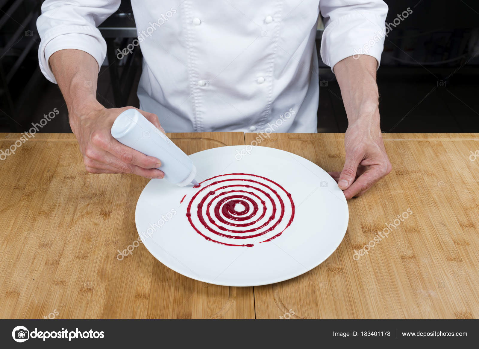 Cropped View Chef Decorating Plate Sauce Stock Photo