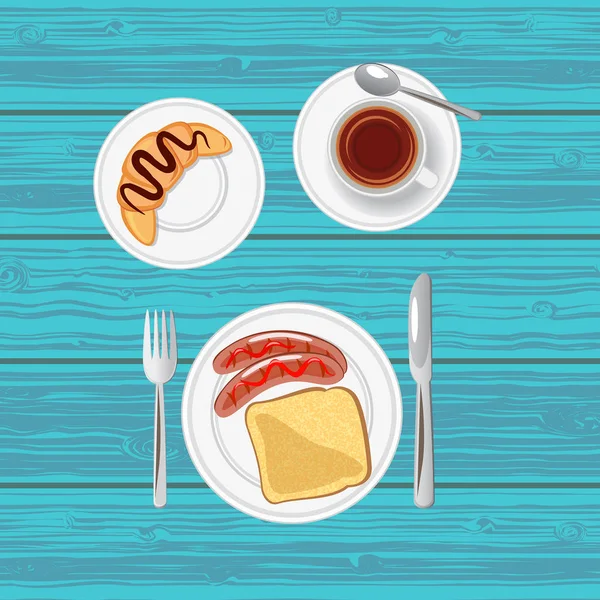 Frühstück mit Würstchen, Toast, Croissant und Tee. Ansicht von oben. Vektorillustration. — Stockvektor