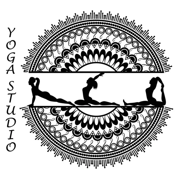 Mandala stile yoga con silhouette in pose yoga. Illustrazione vettoriale — Vettoriale Stock