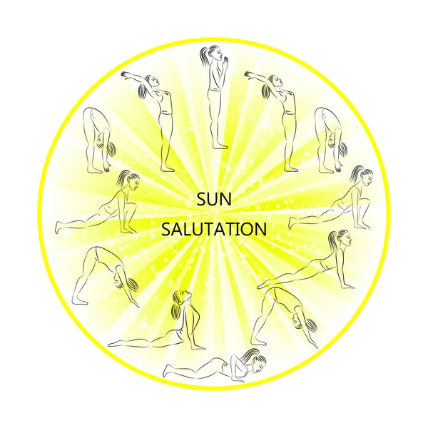 Illustration av Yogaövning Sun Salutation Surya Namaskara. — Stock vektor