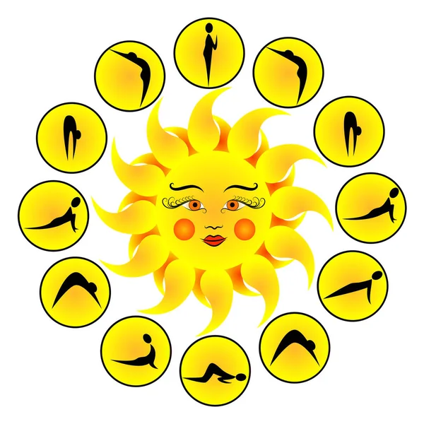 Ćwiczenia jogi Sun zwrot grzecznościowy Surya Namaskara. Ilustracja wektorowa. — Wektor stockowy