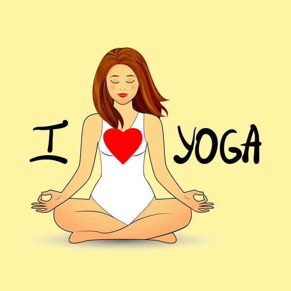 Citação: Eu amo ioga. Ilustração motivacional e inspiradora. Letras. Mulher bonita em pose meditativa . —  Vetores de Stock