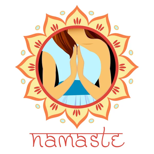 Gesto di benvenuto delle mani del personaggio donna indiana in Namaste mudra, banner — Vettoriale Stock