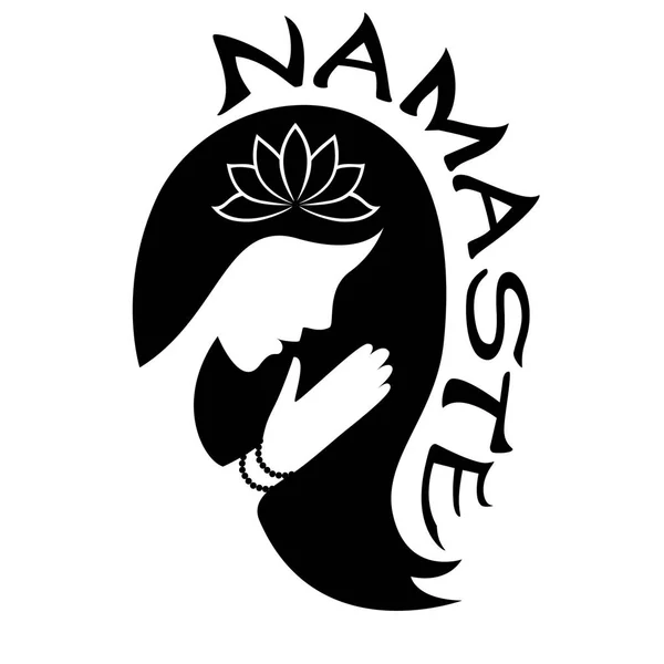 Striscione di saluto indiano Namaste con silhouette di giovane donna — Vettoriale Stock