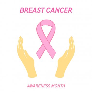 Meme Kanseri Bilinçlendirme ay illüstrasyon pembe kurdele ve el ile. Vektör.