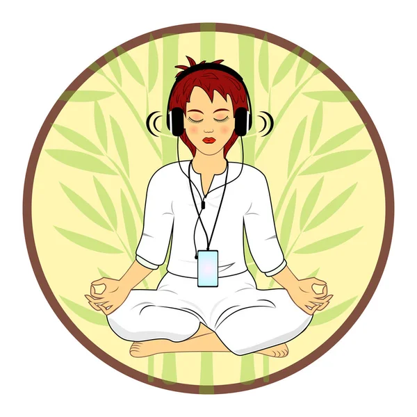 Vrouw in mediteren pose luisteren ontspannen muziek — Stockvector