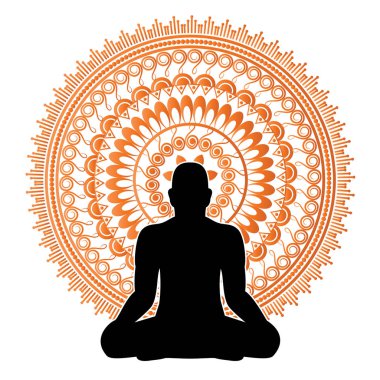 Adam meditasyon poz siyah silüeti. Vektör çizim.