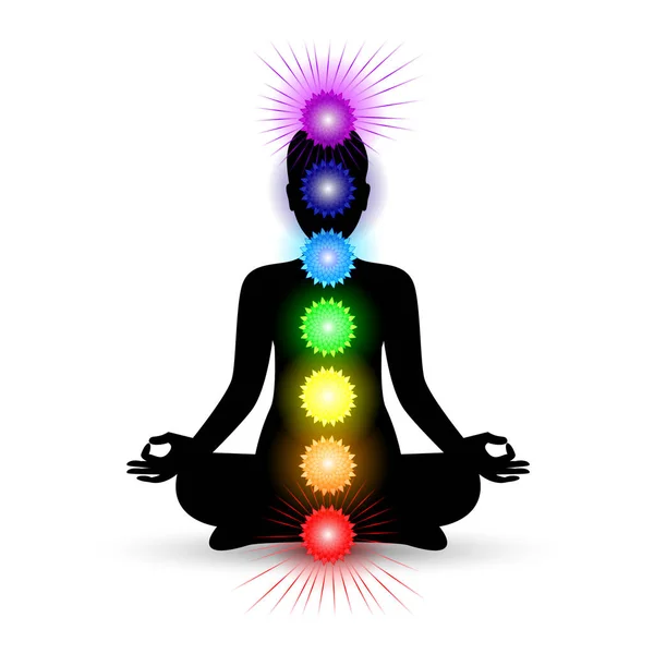 Silhouette de femme en pose de yoga avec chakras brillants — Image vectorielle