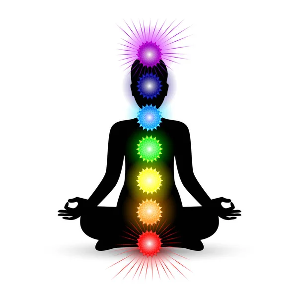 Silueta de mujer en pose de yoga con chakras brillantes — Vector de stock