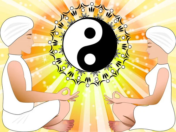 Meditando uomo e donna con simbolo Yin Yang — Vettoriale Stock