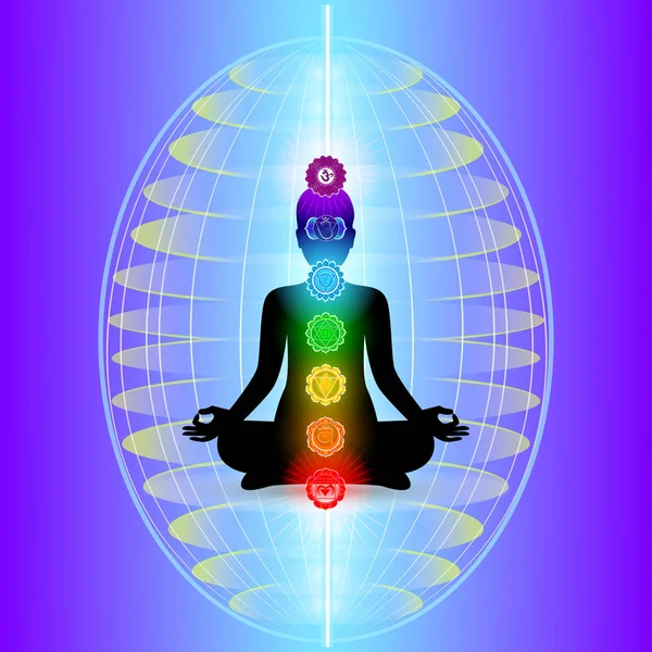 Aura humana com sete chakras cintilantes — Vetor de Stock