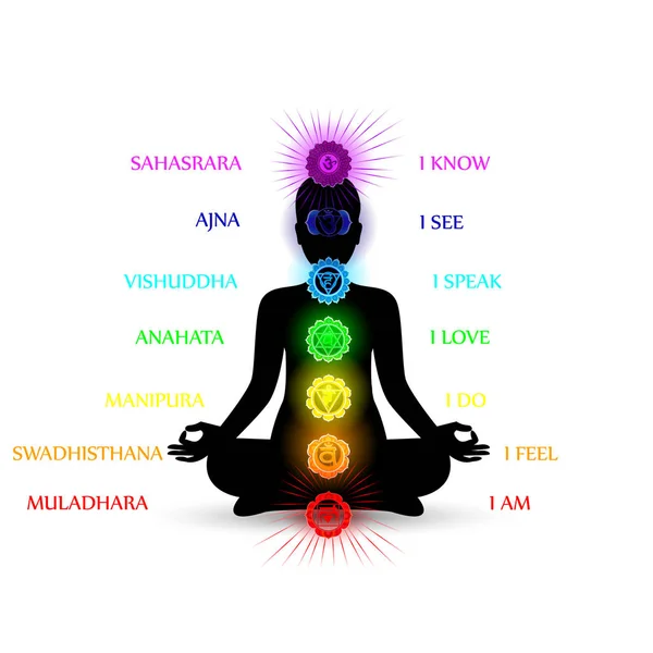 Silueta de mujer en pose de yoga con chakras brillantes — Archivo Imágenes Vectoriales