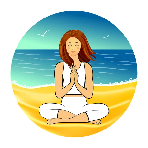 Vrouw is mediteren op het strand. — Stockvector