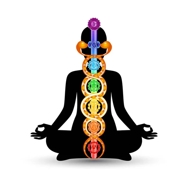 Mujer silueta negra en posición de yoga con los símbolos coloridos de siete chakras — Vector de stock