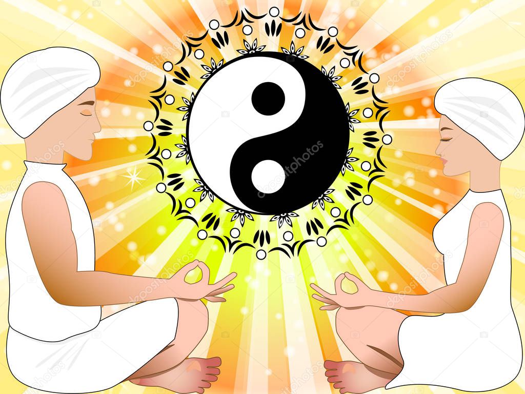 Meditating man and woman with yin yang symbol