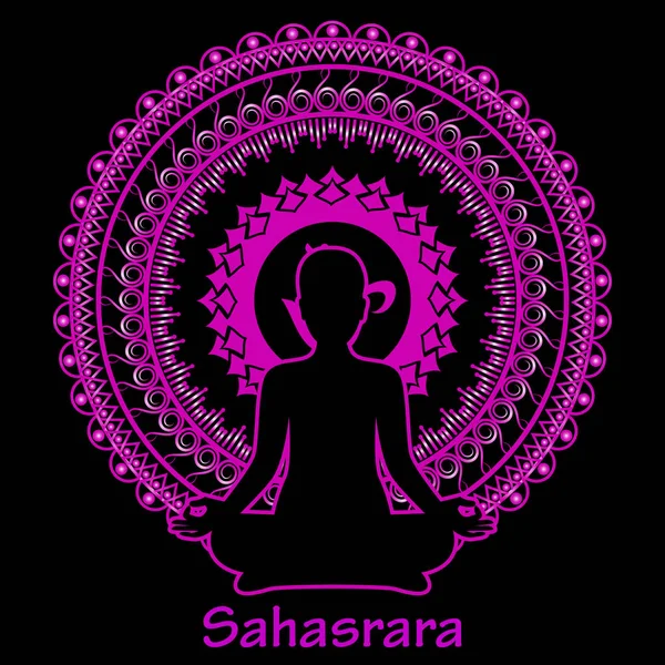 Garis besar siluet wanita meditasi pada latar belakang hitam. Chakra Sahasrara. Ilustrasi vektor . - Stok Vektor