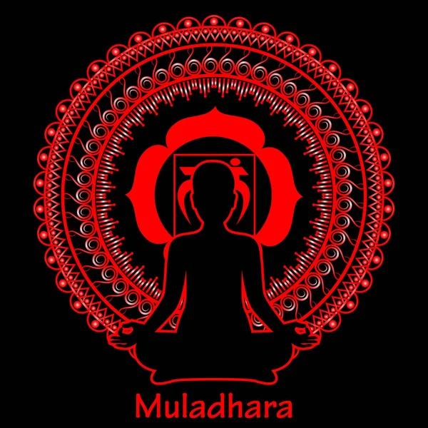 Descrieți silueta femeilor care meditează pe fundal negru. Chakra Muladhara. Ilustrație vectorială . — Vector de stoc