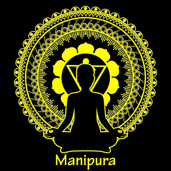 Garis besar siluet wanita meditasi pada latar belakang hitam. Chakra Manipura. Ilustrasi vektor . - Stok Vektor