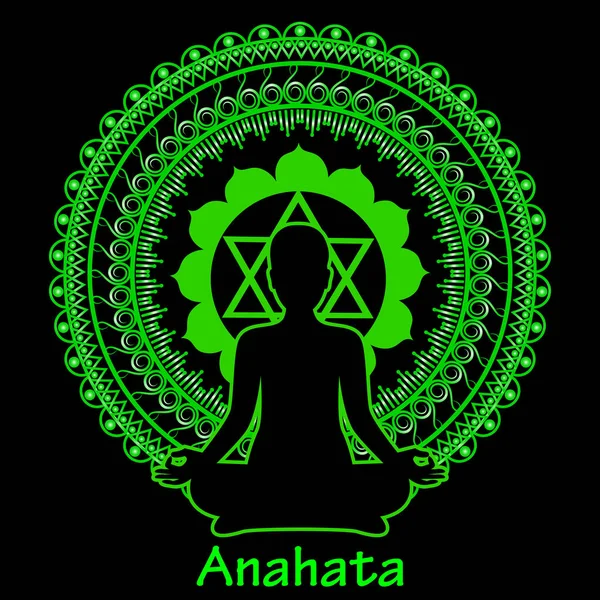 Esboço silhueta de mulheres meditando sobre fundo preto. Anahata chakra. Ilustração vetorial . —  Vetores de Stock