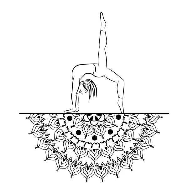 Mandala de style yoga avec silhouette de ligne de femme dans l'illustration vectorielle de pose de yoga . — Image vectorielle