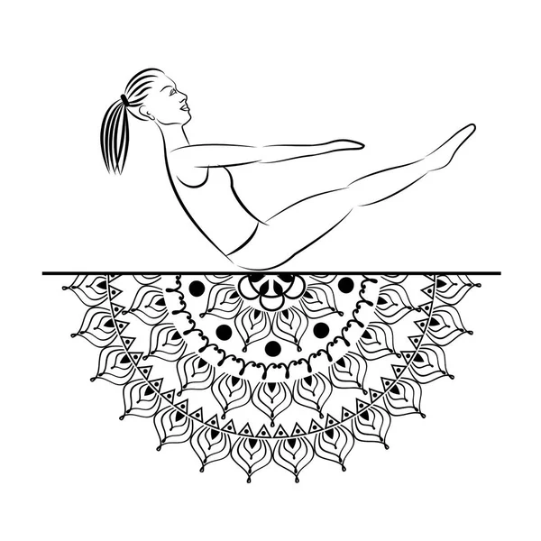 Yoga style mandala with woman line silhouette in yoga pose vector illustration. — Stock Vector