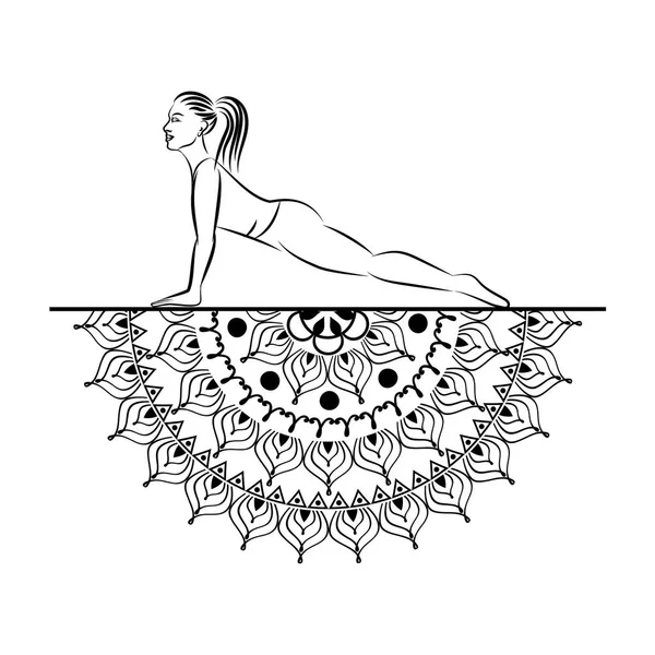 Mandala styl jógy s žena linie silueta v józe pozice vektorové ilustrace. — Stockový vektor