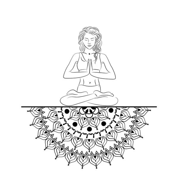 Yoga stil mandala med kvinna linje siluett i yoga pose vektorillustration. — Stock vektor