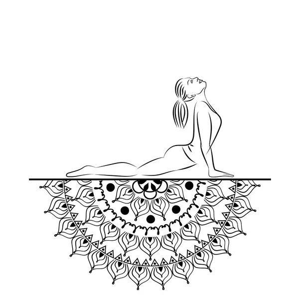 Yoga stijl mandala met vrouw lijn silhouet in yoga pose vectorillustratie. — Stockvector