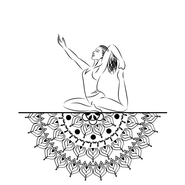 Mandala de estilo de ioga com silhueta de linha de mulher em ioga pose vetor ilustração . — Vetor de Stock