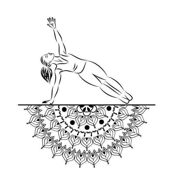 Yoga stil mandala med kvinna linje siluett i yoga pose vektorillustration. — Stock vektor