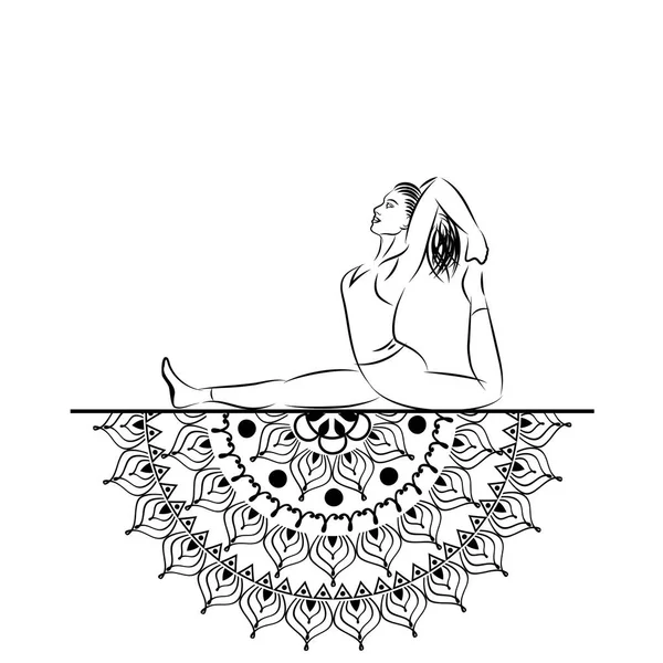 Yoga stil mandala med kvinna linje siluett i yoga pose vektorillustration. — Stock vektor