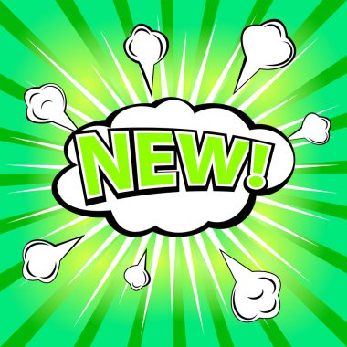 Yeni! Komik konuşma balonu, çizgi film. Vektör çizim.