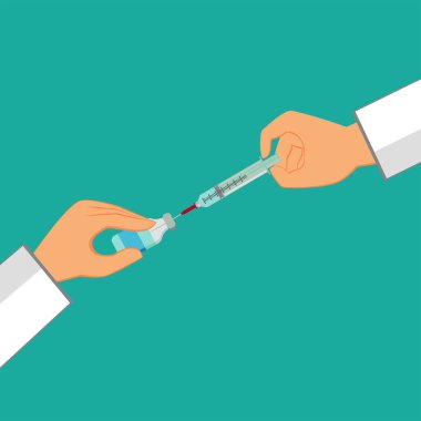 Doktor şırıngayı tutuyor ve aşı ya da enjeksiyona hazırlanıyor. Sağlık sigortası konsepti. Düz vektör illüstrasyonu.