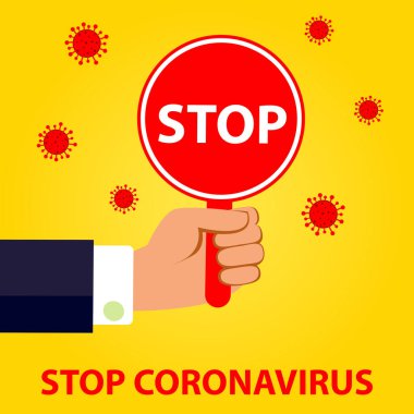 Dur sözcüğüyle el ele tutuşmanın karikatür vektör çizimi! Coronavirus önleme kavramı.