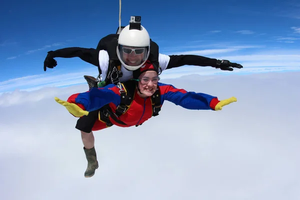 Skydiving Girl Passenger Instructor Flying Sky — Stock Photo, Image