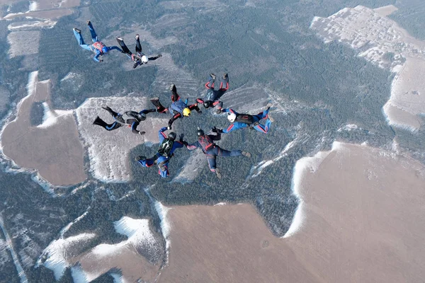 编队跳伞一群跳伞者在空中 — 图库照片