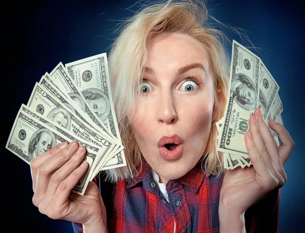 Beautiful Young Blonde Lucky Winner She Holding Pile Money She — стоковое фото