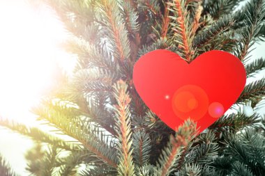 Kayıp kırmızı kalp bir Sevgililer günü soğuk, kalp parlayan bir ışık ile bir soğuk kış kar üzerinde tek başına için el ulaşır. Aşk ya da kırık bir rüya bir sembolü olarak sıcak güzel günde kar ağacında kırmızı kağıt kalp yapışmış