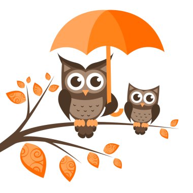 Şemsiye ile ağaçta iki baykuş